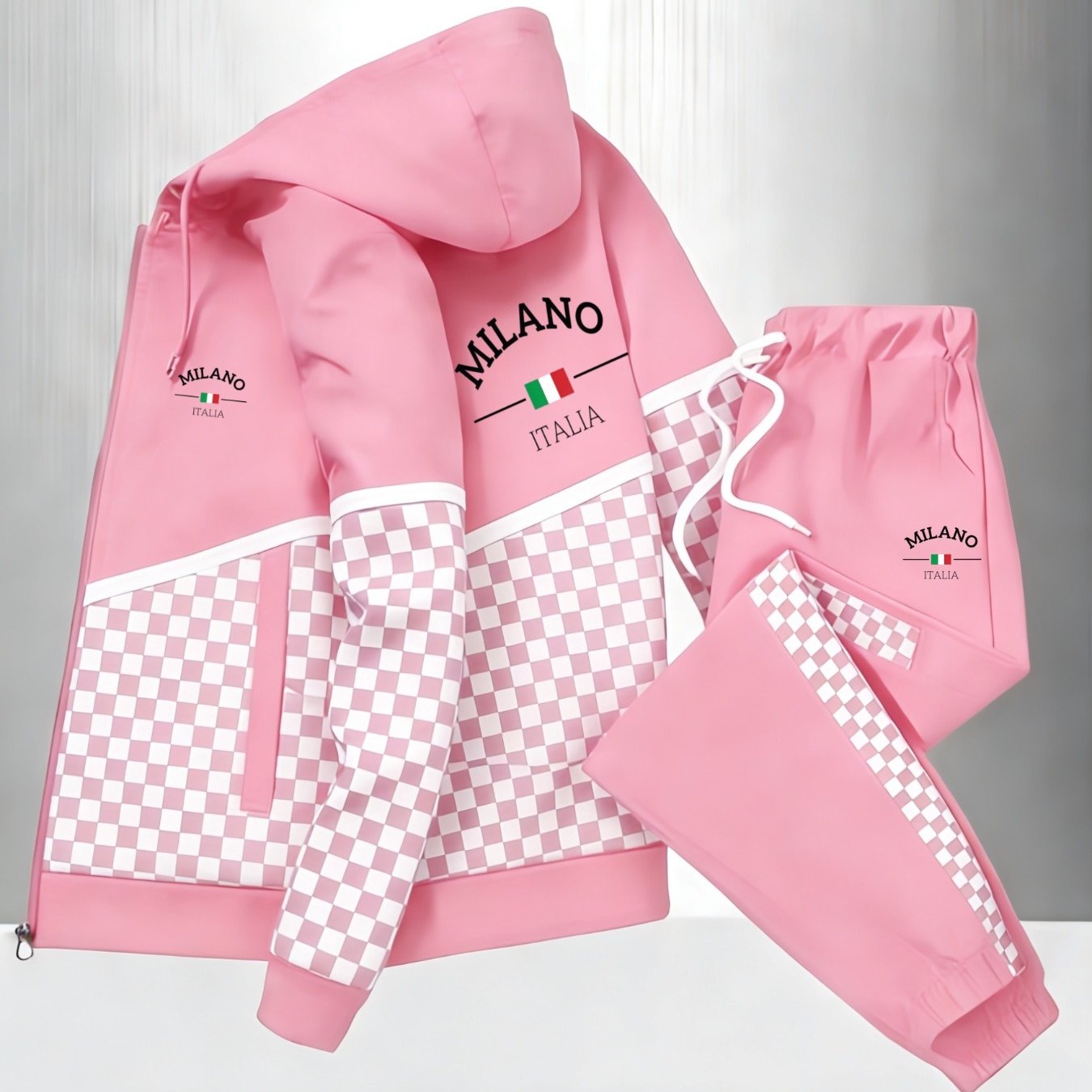 Image of Two-piece Set. Men's Casual Sports Plaid Hooded Jacket And Sweatpants Set, Unisex, In Multiple Colors. A Perfect Gift Suitable For Any Occasion