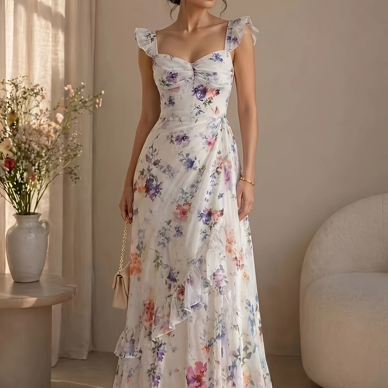 Image of With Colorful Floral Neck Ruffle Sleeve Maxi Dress Women's Waisted Slit Style Gentle Romantic Vibe Perfect For Spring And Summer Semi-formal Events Dates And Vacations