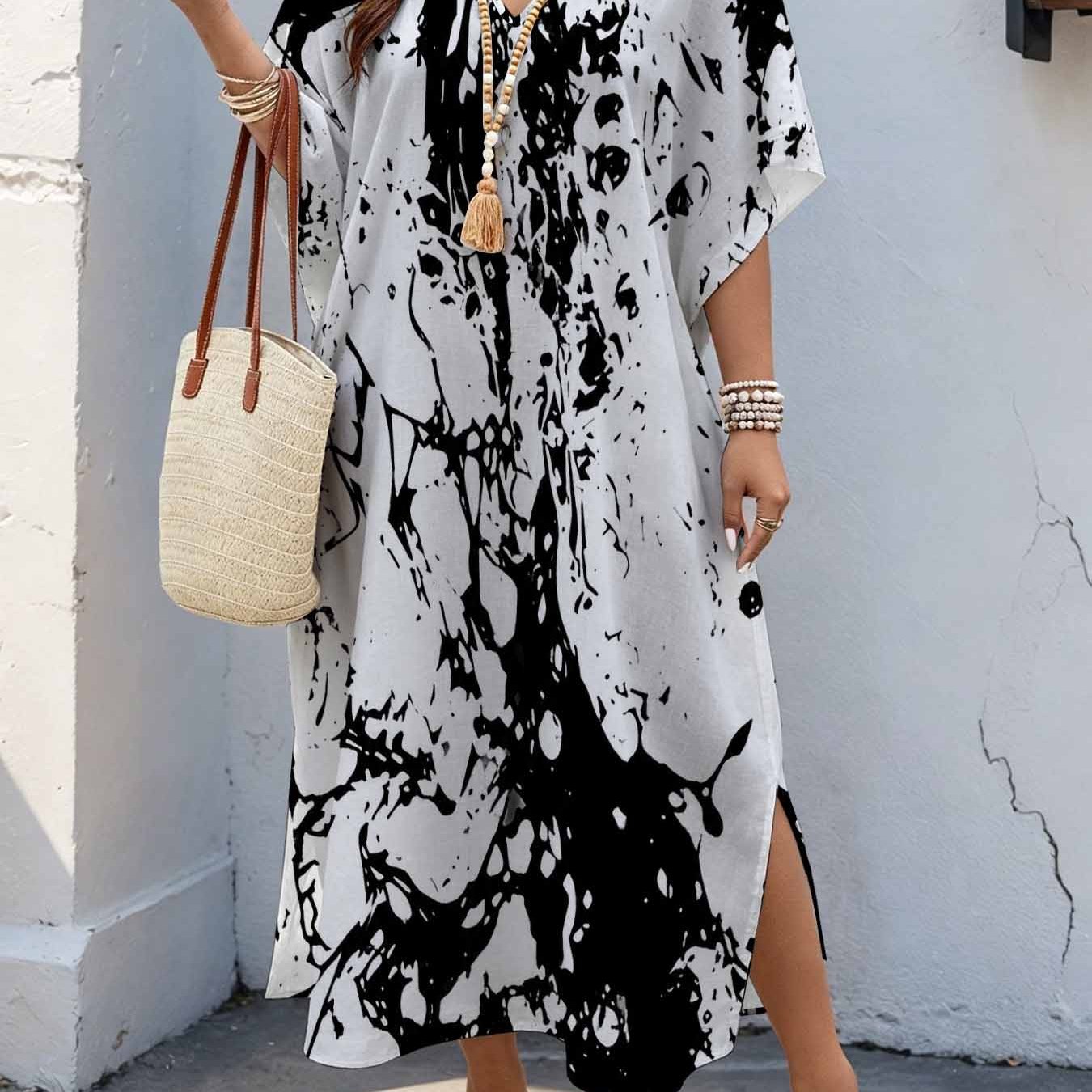 Image of Plus Size Women's 08xl Artistic Abstract, Modern Ink Splash Print Maxi Dress, V-neck Batwing Sleeve Dress With Double Side Slits, Loose Casual Summer Dress For Curvy Women
