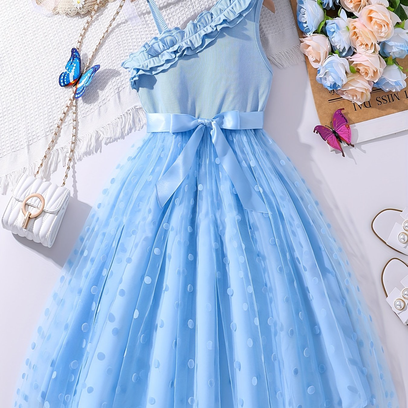 Girls' Summer Lace Cami Dress Knit Top Mesh Polka Dot Dress Cute Dress