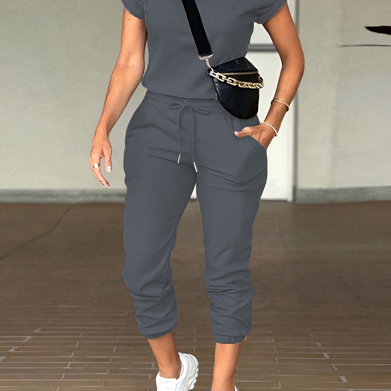 Image of Fashion Casual Autumn Slim Fit Versatile Round Neck Top And Cargo Pants Set Women's Loungewear
