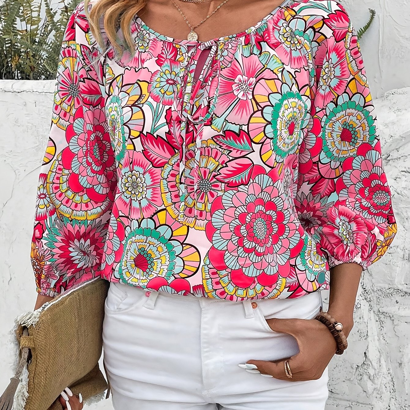 New European And American Spring, Summer, Autumn Random Print Notched V-neck Front Tie Elegant Casual Top Shirt