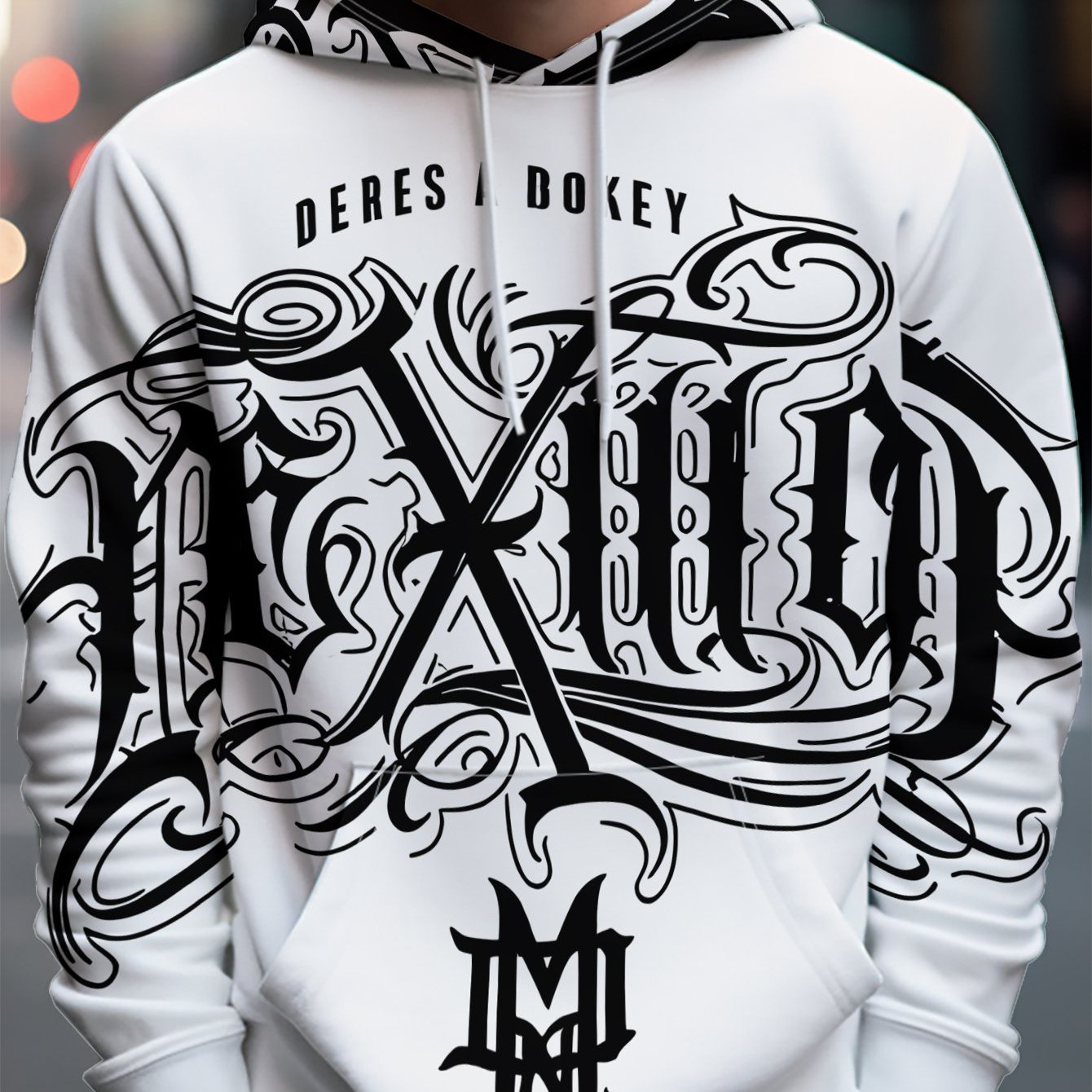 TEMU Men's Style Hooded Sweatshirt With Decorative "mexico" Lettering And "deres A " Text - Featuring A Vibrant Streetwear Aesthetic, Rich Graphic