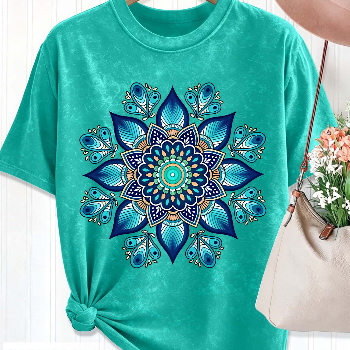 TEMU Women's - Short-sleeve Round Neck Suitable For Spring Summer Fall Top, Lightweight Breathable Ethnic Elegant For S-xxl Sizes, Machine Washable