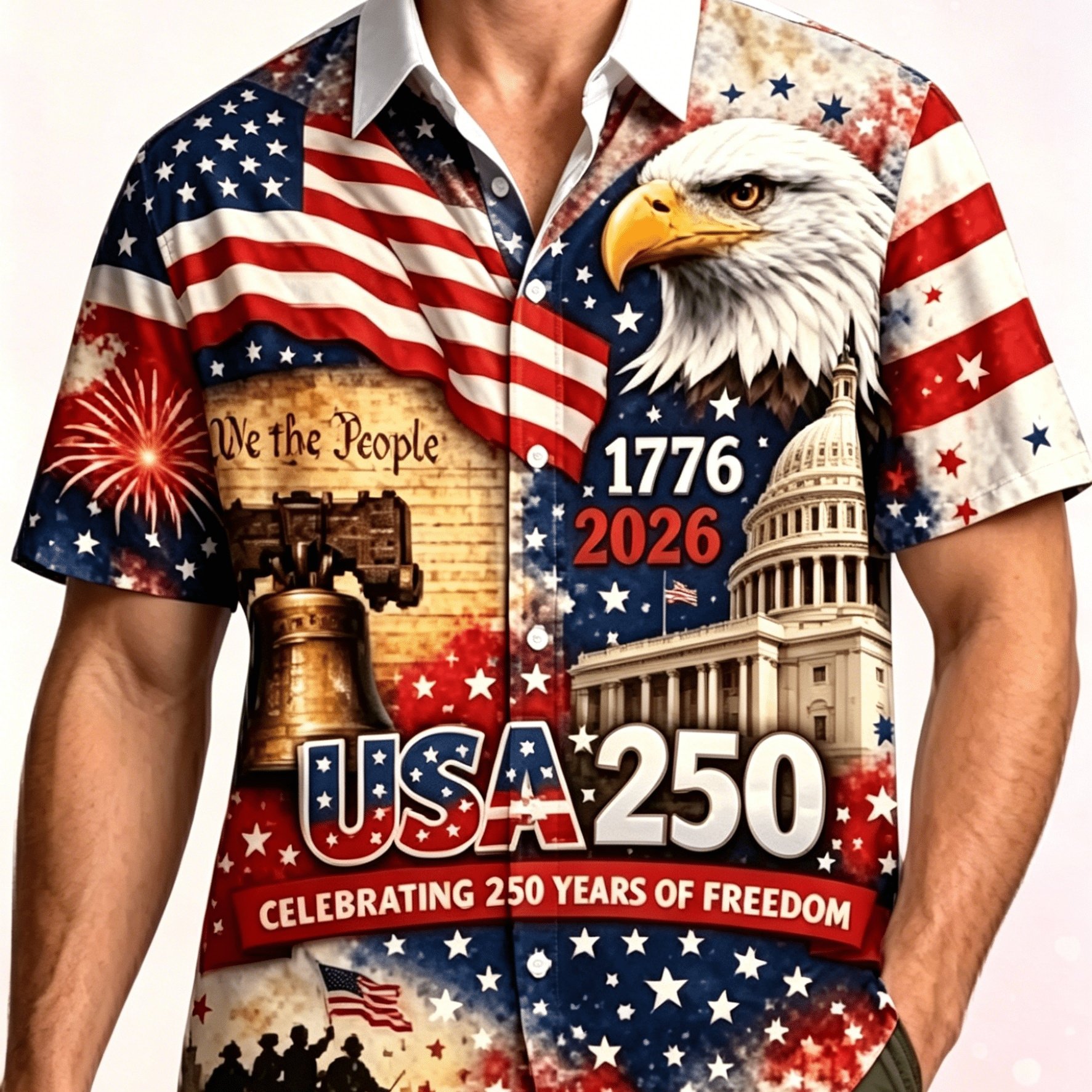 TEMU Men's American 250 Years Of Patriotic Cuba Collar Shirt, 1776-2026 Eagle Pattern Short Sleeve Button- Summer Hawaiian Shirt, Breathable Summer