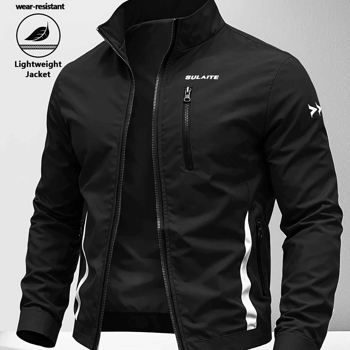 TEMU Men's Slim Fit Stand Collar Jacket - Spring/autumn Fashion Sporty , Dark Green With , Polyester Fabric, Machine Washable