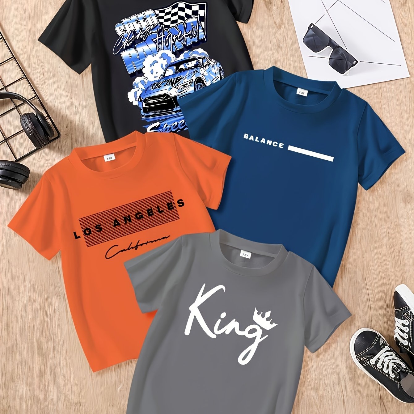 E-shop Tween Jungen 4-teiliges T-Shirt Set, Sommer Freizeit Multicolor Verschiedene Druckmuster Rundhalsausschnitt Kurze Ärmel, Geeignet für
