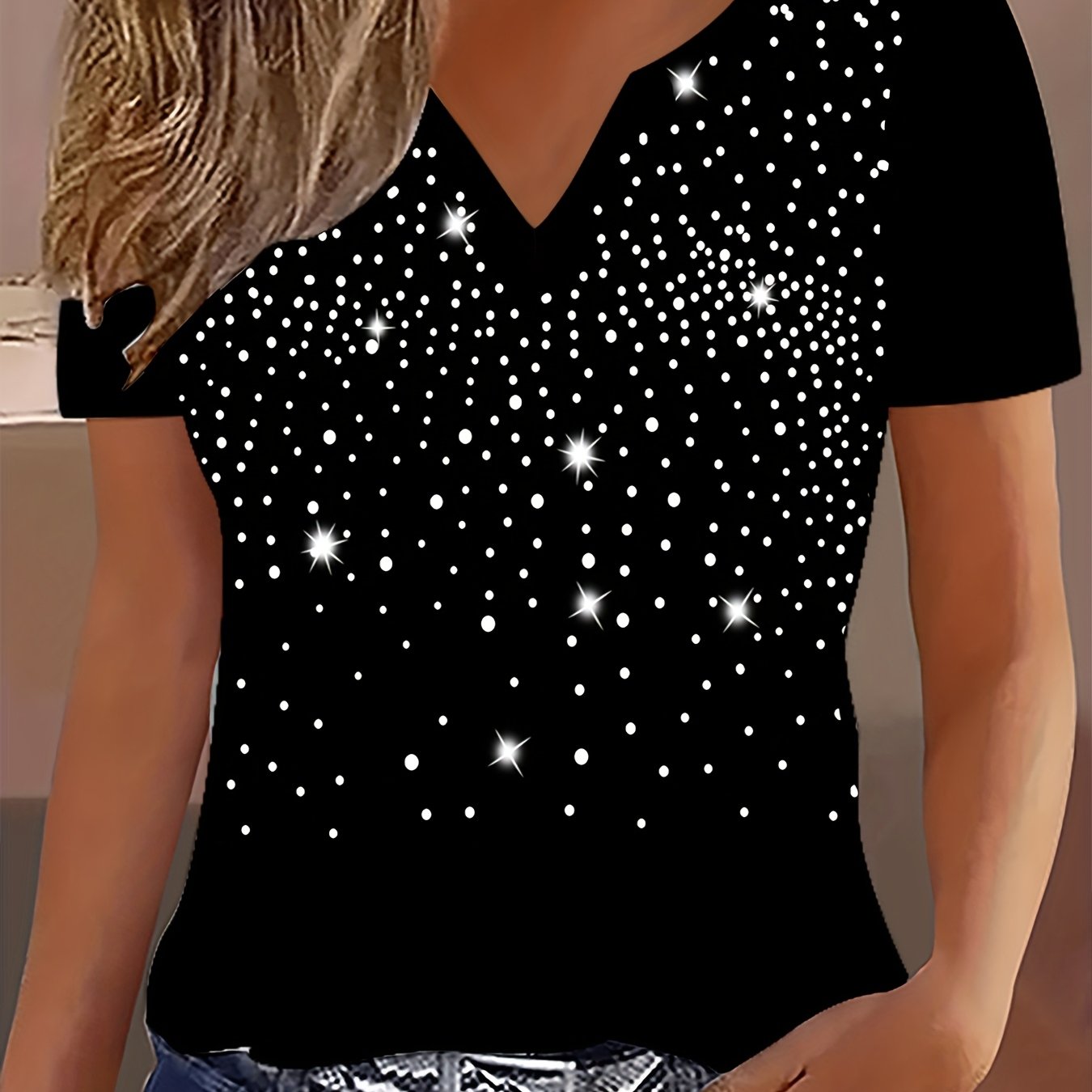 Elegant Women's Black Top, Fashionable V-neck Rhinestone Short Sleeve T-shirt