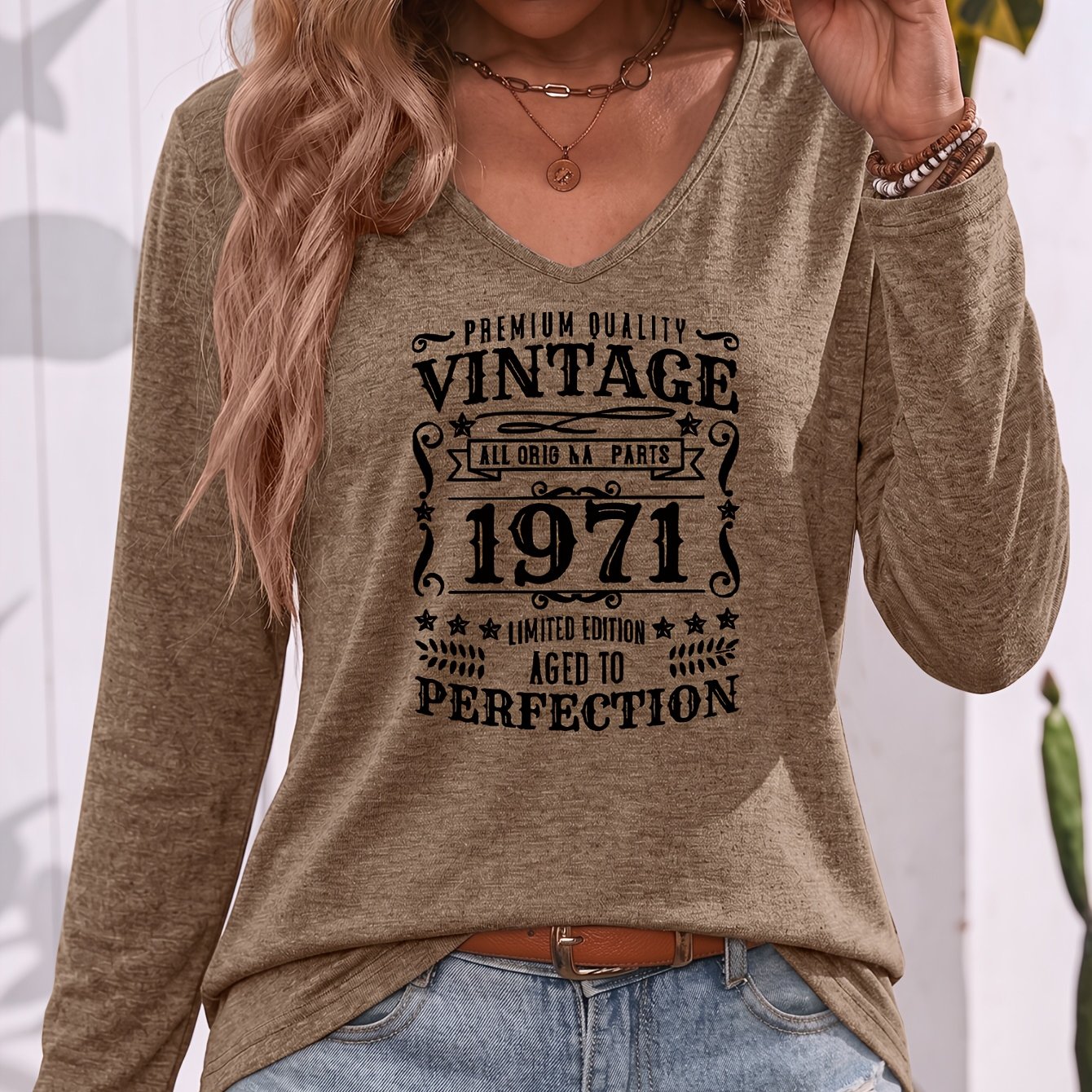 TEMU Vintage Font Slogan "vintage" "1971" " Edition" Printed Printed V-neck Long-sleeve T-shirt, Comfortable, Soft, And Breathable, Classic Vintage
