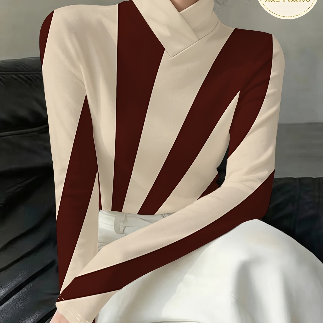 TEMU Women's Autumn/winter Base Layer Top, V-neck Stand Collar Long Sleeve Top In Beige-red, Vintage Radial Diagonal Stripe Contrast , Slim Fit
