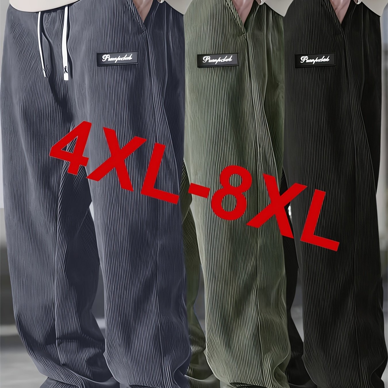 TEMU Men's Plus Size 4xl-8xl Corduroy Pants, Straight Leg Cut With Corduroy Belt (no Belt Included), Drawstring Waist & Solid Color – Regular Fit,