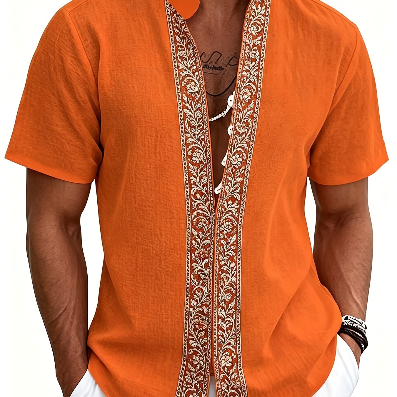 Plus Size Men's Casual Shirt Faux Linen Art Print Stand Collar Short Sleeve Button Shirt Bohemian Ethnic Tribal Street Style Tops For Beach Vacation Summer And Wear