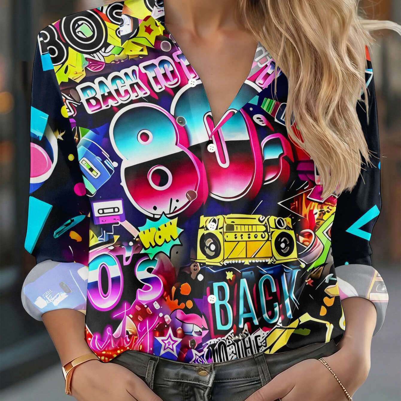 TEMU New Women's Long Sleeve Shirt, Retro 80s Elements Trendy Flat Print Design Pattern, Casual Versatile Leisure Top, Machine Washable, Button Print