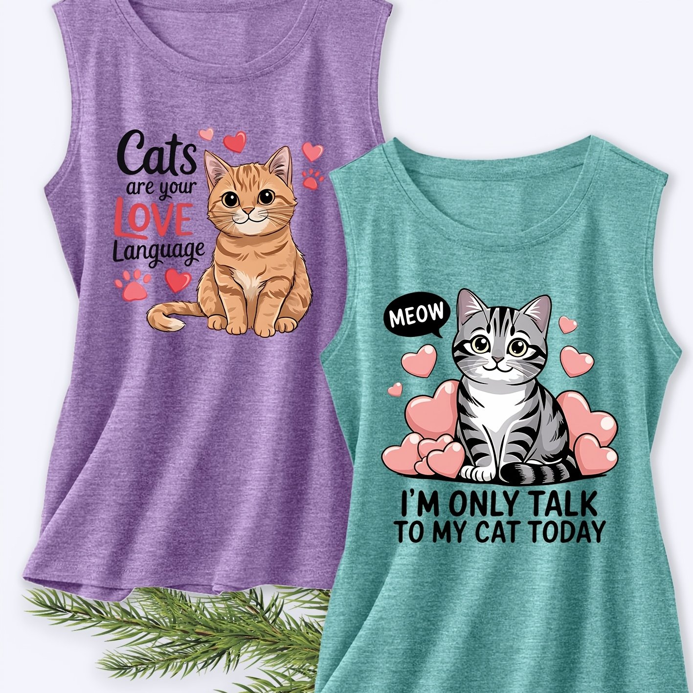TEMU Holiday Clothing Directional Two-piece Set Women's Sleeveless Vest Retro Print Summer Casual Outfit Cat Heart Cute Summer Women's Essential