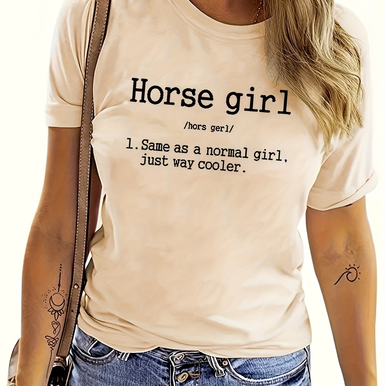 TEMU Horse Letter Print T-shirt, Short-sleeve Round Neck Casual Top, Summer Women's Clothing