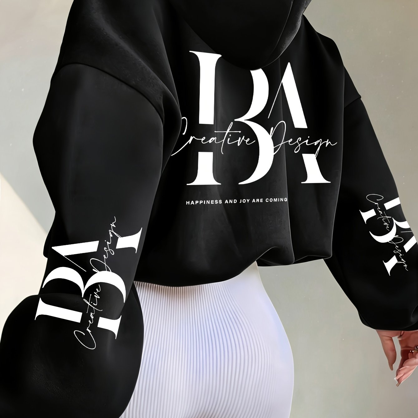 TEMU Early Autumn New Short Hooded Sweatshirt, Ba Creative Handwritten Font English Print, Sexy Hot All-match Loose Zipper Jacket, Short Drawstring