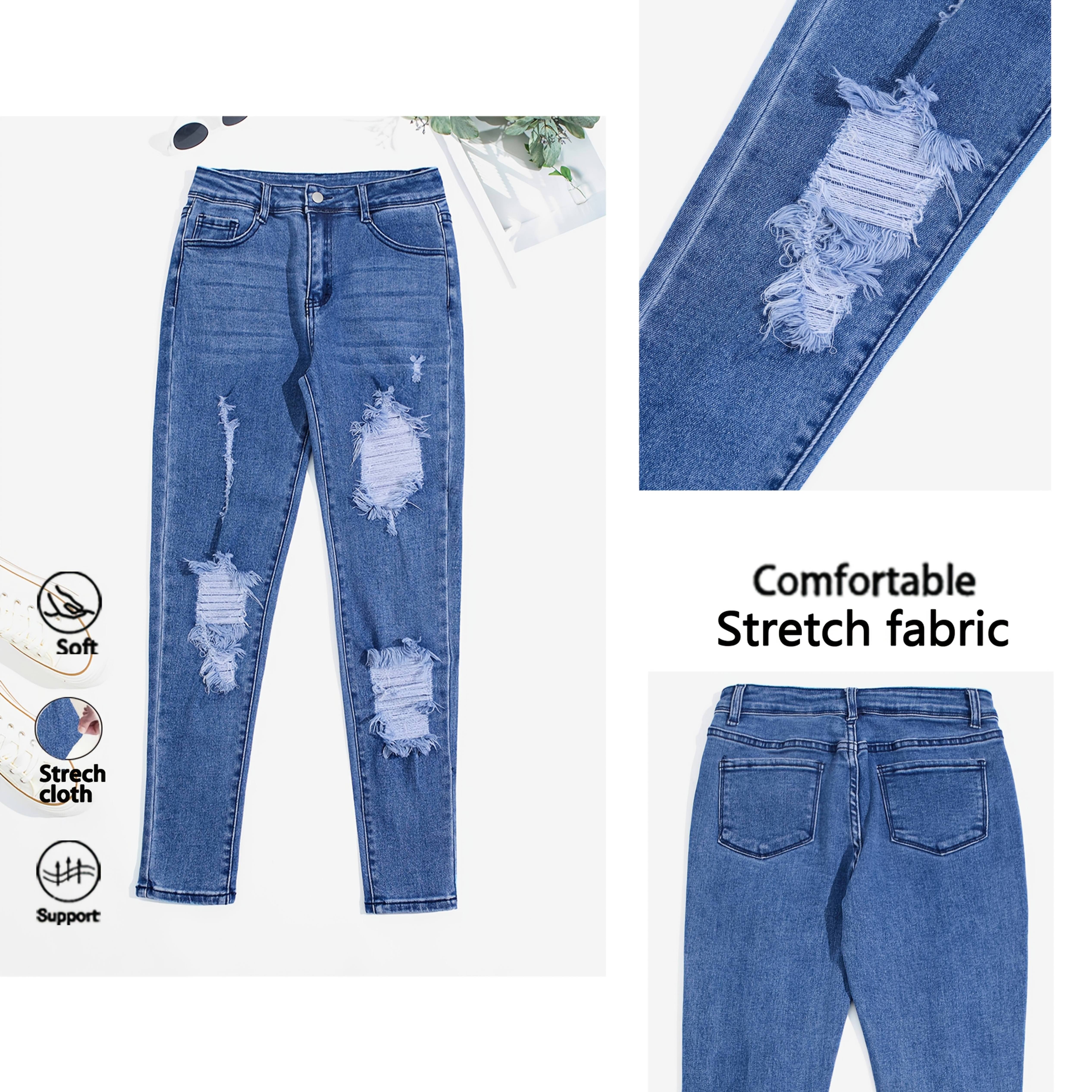 Distressed Blue Washed Denim Long Pants