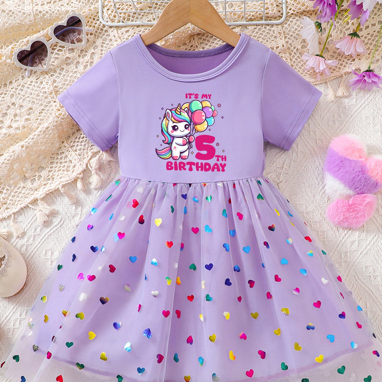 TEMU Birthday-themed Cute Unicorn Balloon Print For Five-year-olds, Stylish Summer Dress For Girls With Sequin Heart-shaped Mesh And