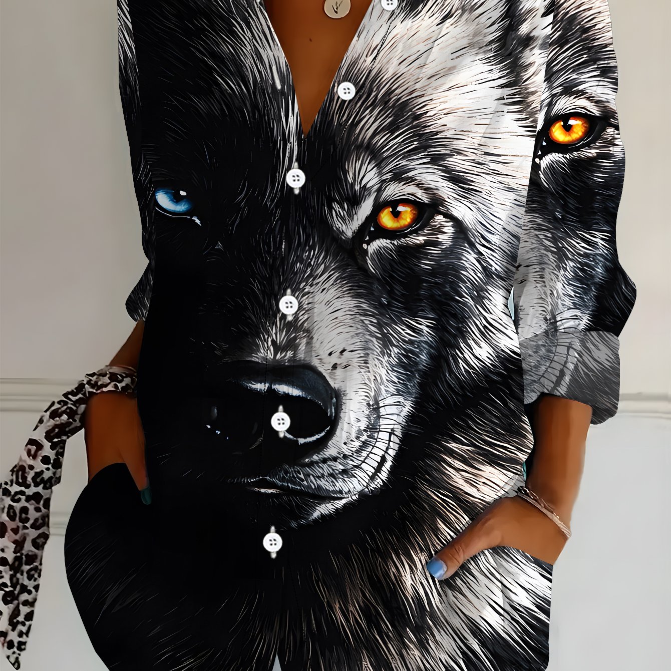 TEMU Plus Size, Plus Size Women's Long Sleeve Shirt With Wolf , Loose Fit Printed Shirt With Facing Element, Mid-length Long Sleeve Lapel Shirt For