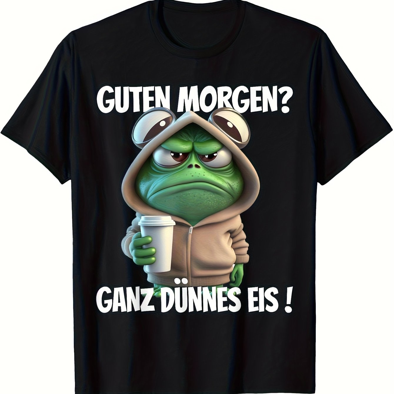 Men's Funny German Quote T-shirt - Frog & Coffee Cup " Very !" Design - 100% Cotton Loose Fit Casual Tee With German , Shirt For Casual Attire, Plus Size