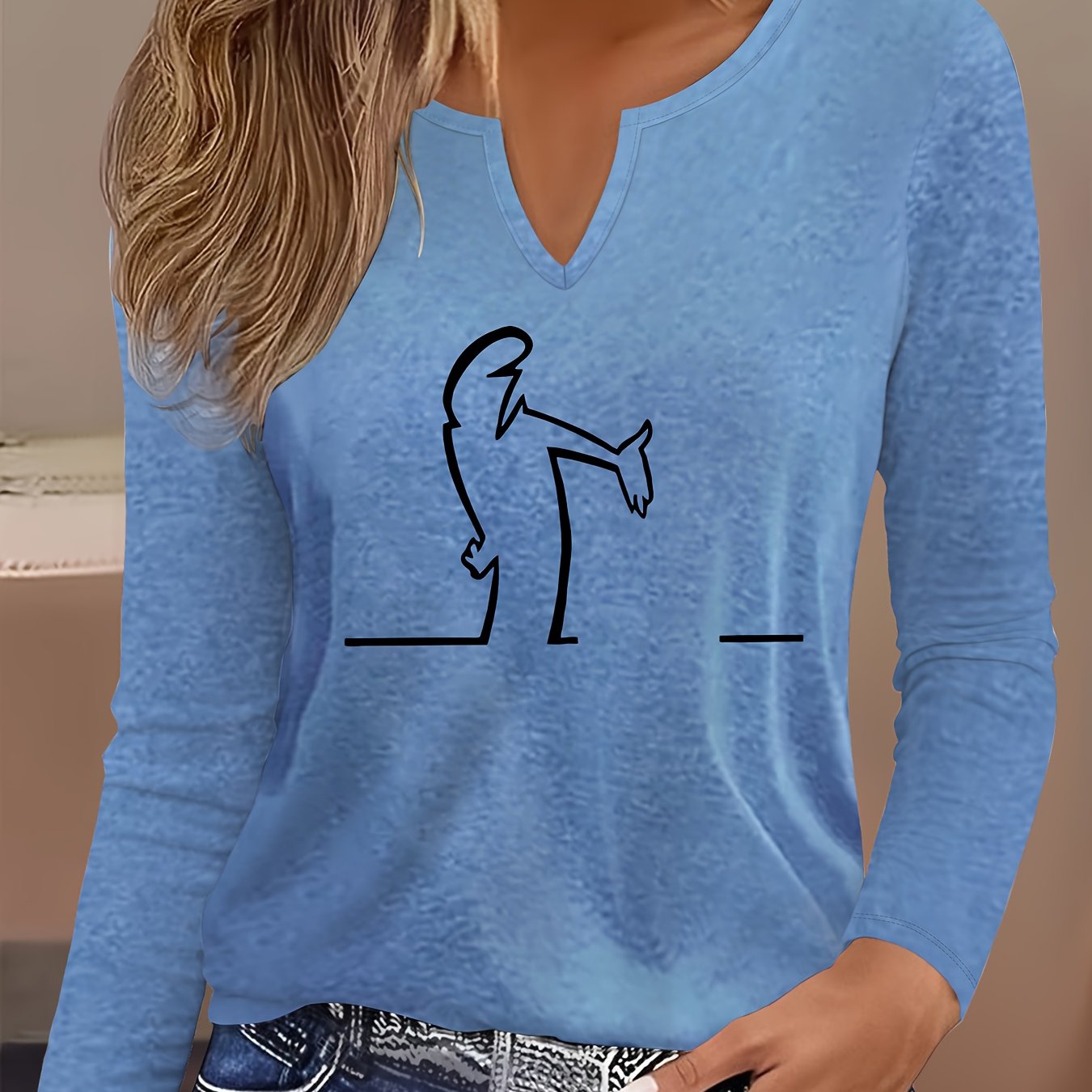 TEMU Plus Size - Plus Size - Women's Lightweight V-neck Long Sleeve T-shirts | Breathable, Soft Texture, Relaxed Fit, Versatile Fashion, Comfortable