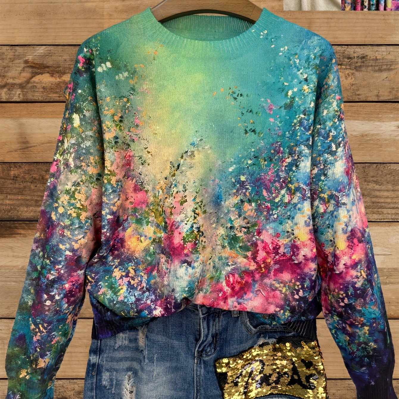 Image of Colorful Aurora Design Thin Sweater, Featuring A Casual Crew Neck And Long Sleeves, Suitable For Women's Fashion