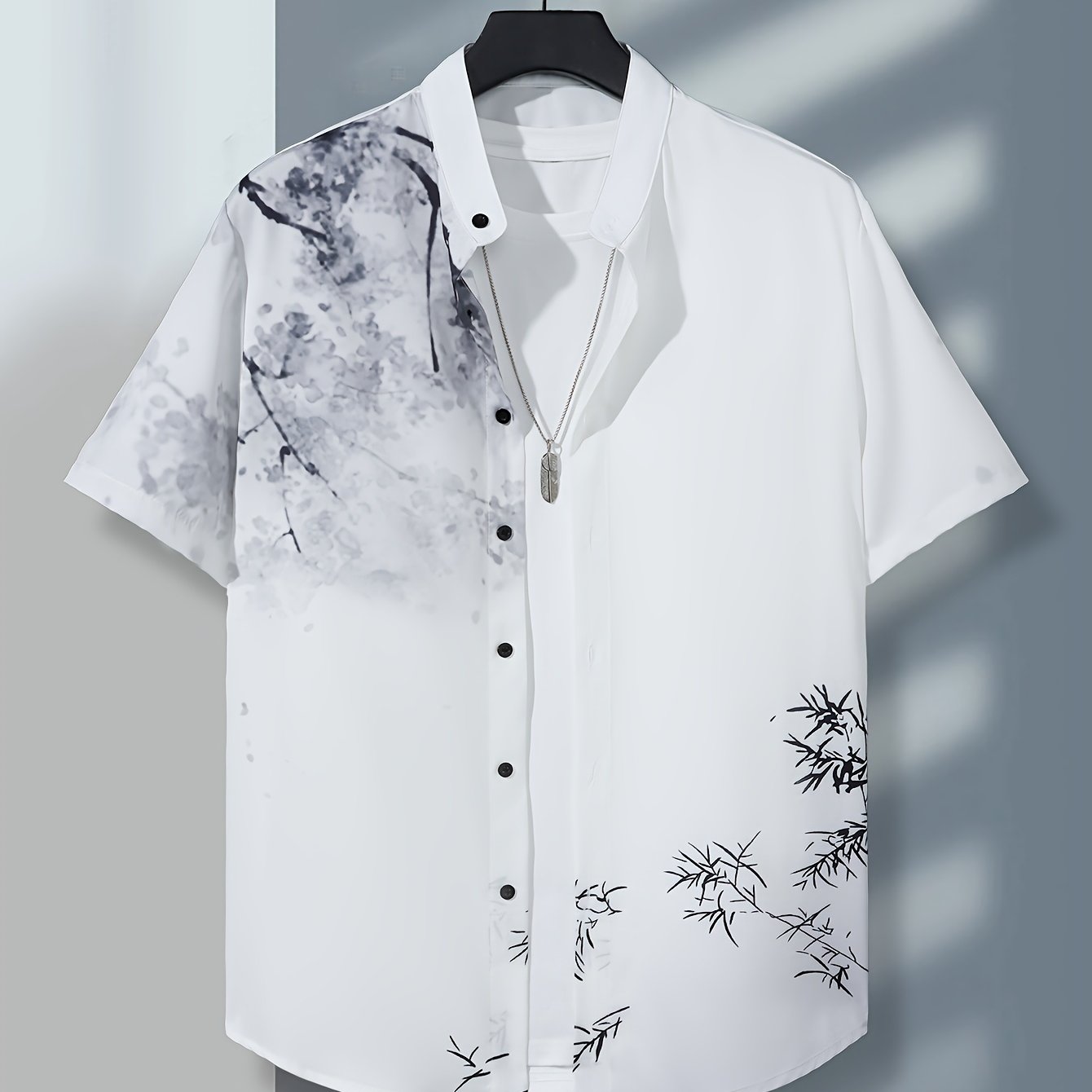 TEMU Chinese Style Ink Painting Print Short Sleeve Lapel Shirt Top, Male Casual Shirt For And Resorts Beach