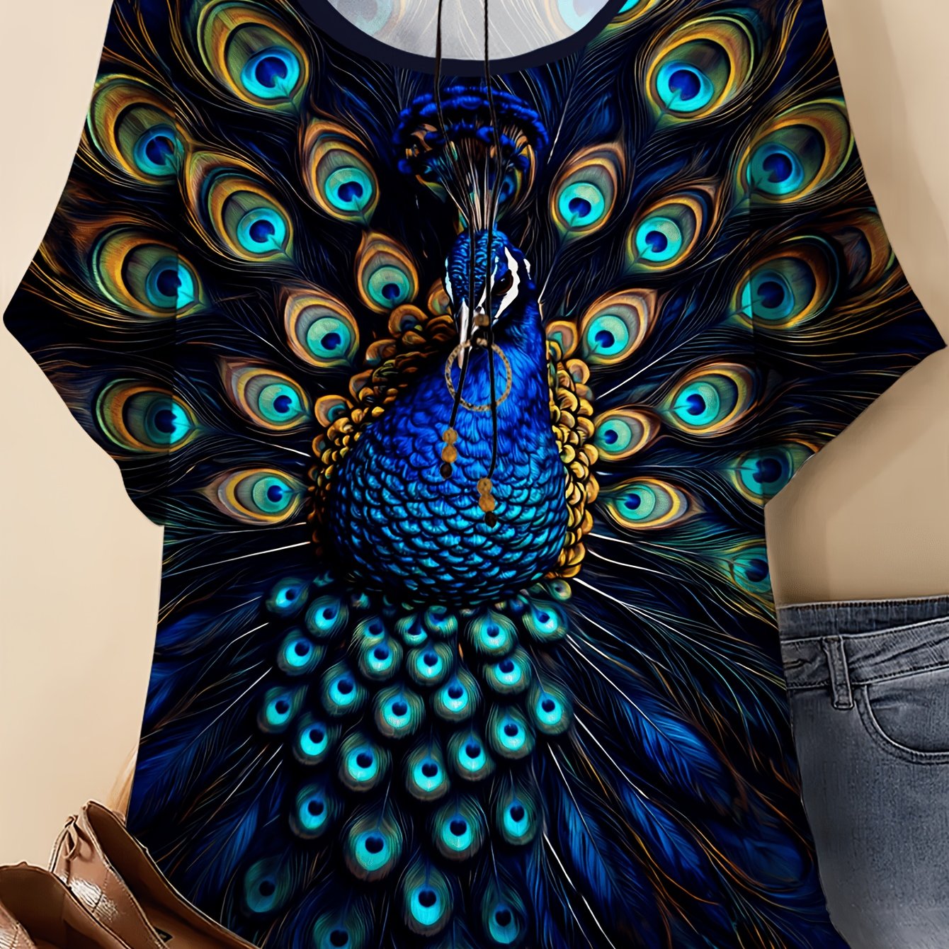 TEMU Plus Size - Plus Size - Plus Size Women's T-shirt With Peacock Pattern Print, Featuring A Round Neck And Short Sleeves, Perfect For Casual