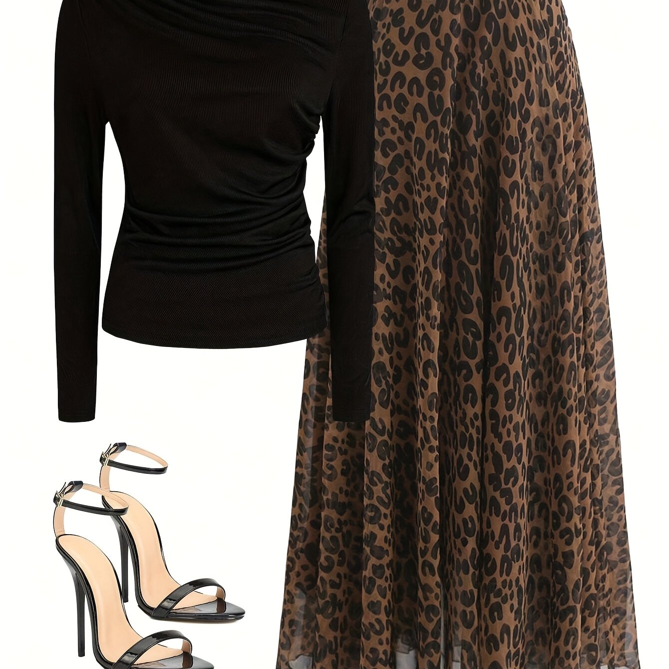 TEMU Targeted Development Collar Long Sleeve Ruched Top And Leopard Print Skirt Women's Set