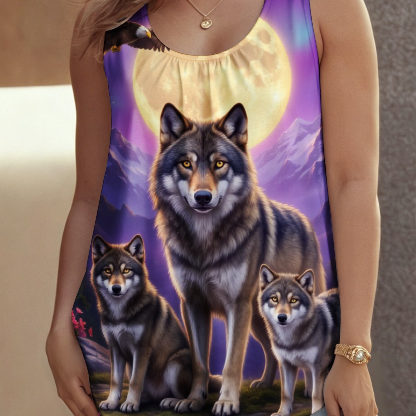 Image of Plus Size, Women's Plus Size Crew Neck Sleeveless Tank Top, Sizes 0xl-9xl Wolf Family Moon Casual Suitable For , Beach And Travel, Stylish Sexy Outfits For Women