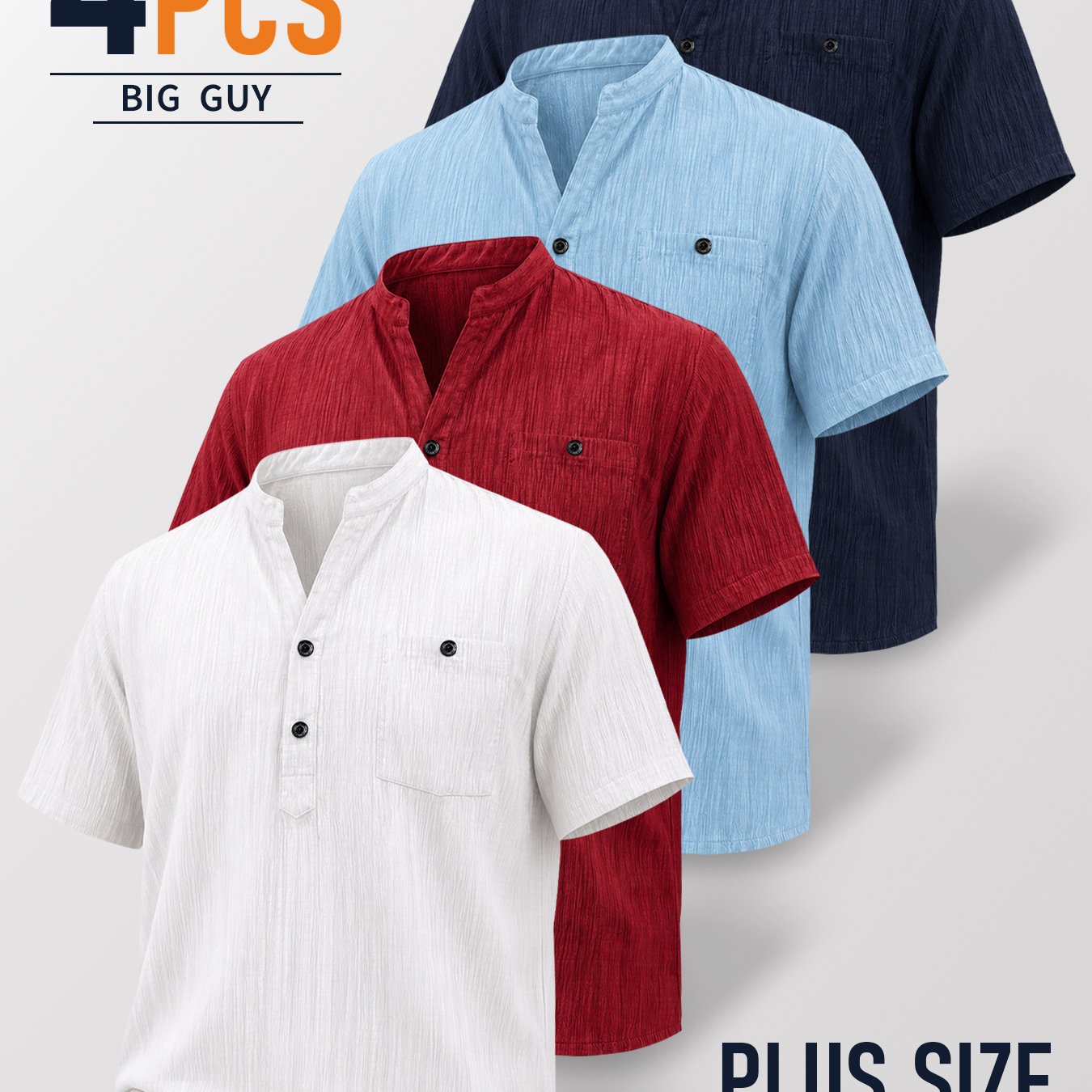 TEMU Chaoying Obm 4pcs Men's Plus Size Summer Short Sleeve Top - Lightweight, Breathable, Solid Color Stand Collar Button- Henley Shirt, Loose Fit,