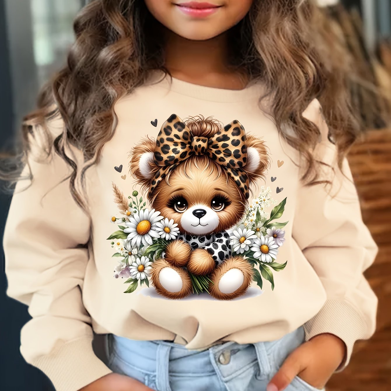 Cozy Daisy Bear Print Girls' Sweatshirt - Casual & , Stretch Fabric, Perfect For Spring & Fall