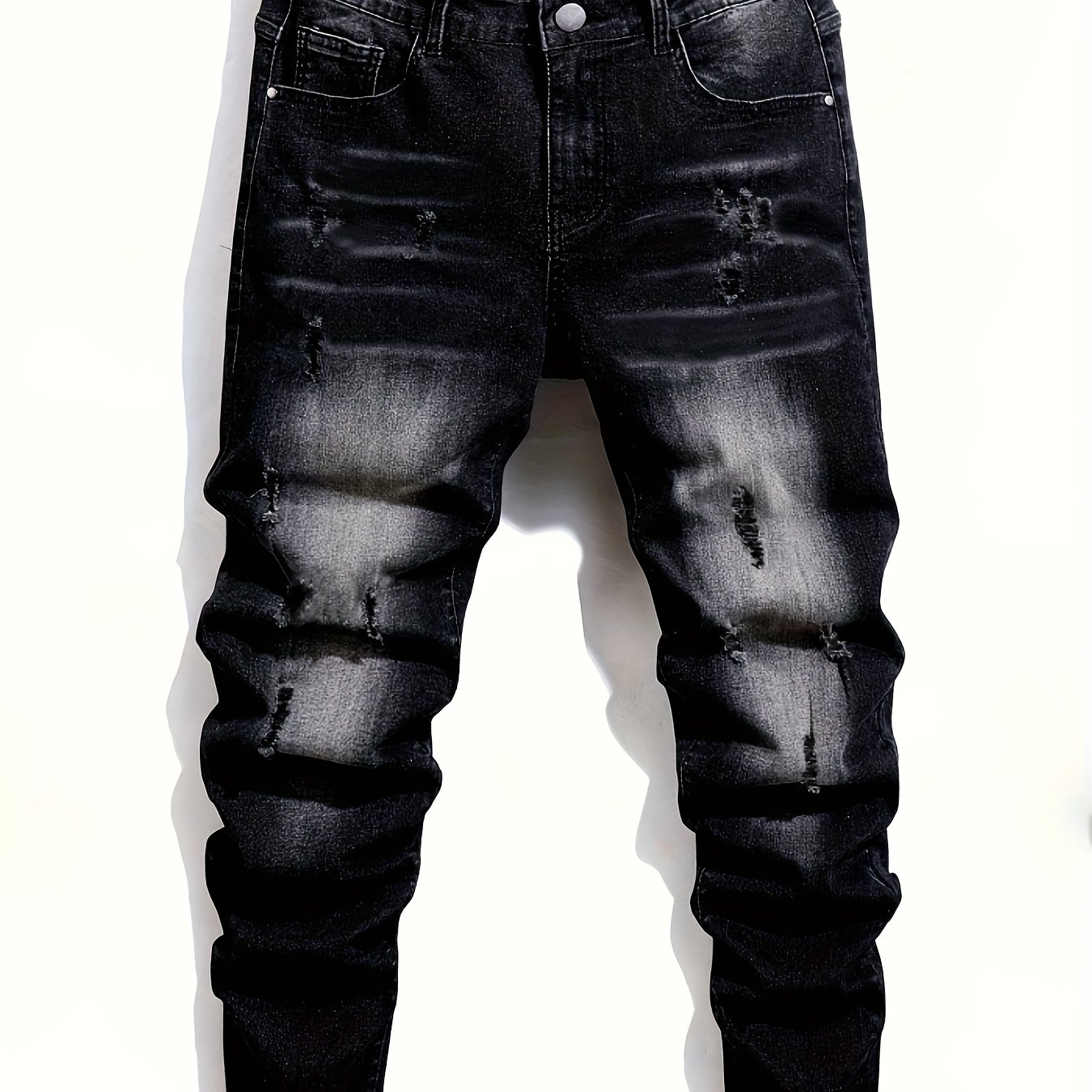 Image of Men' Vintage Ripped Skinny Jeans - Distressed Black Gradient Washed Stretch Pants With Zipper/button Closure, Straight Trousers Suitable For - Wear, Machine Washable Retro Streetwear Style