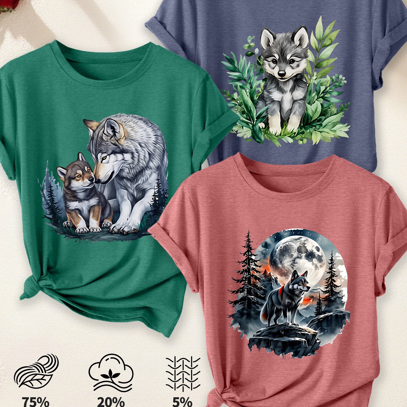 TEMU 3pcs Set Women's Summer Clothing Wolf-themed Print Round Neck Short Sleeve Plus Size Friendly T-shirts Natural Loose Top Spring Summer Elegant