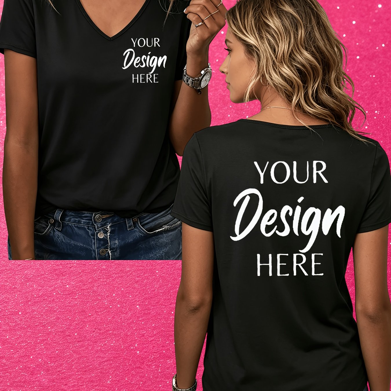 TEMU T-shirt pour femme à col en V et manches courtes avec impression personnalisée, haut décontracté de mode , style tendance et polyvalent,
