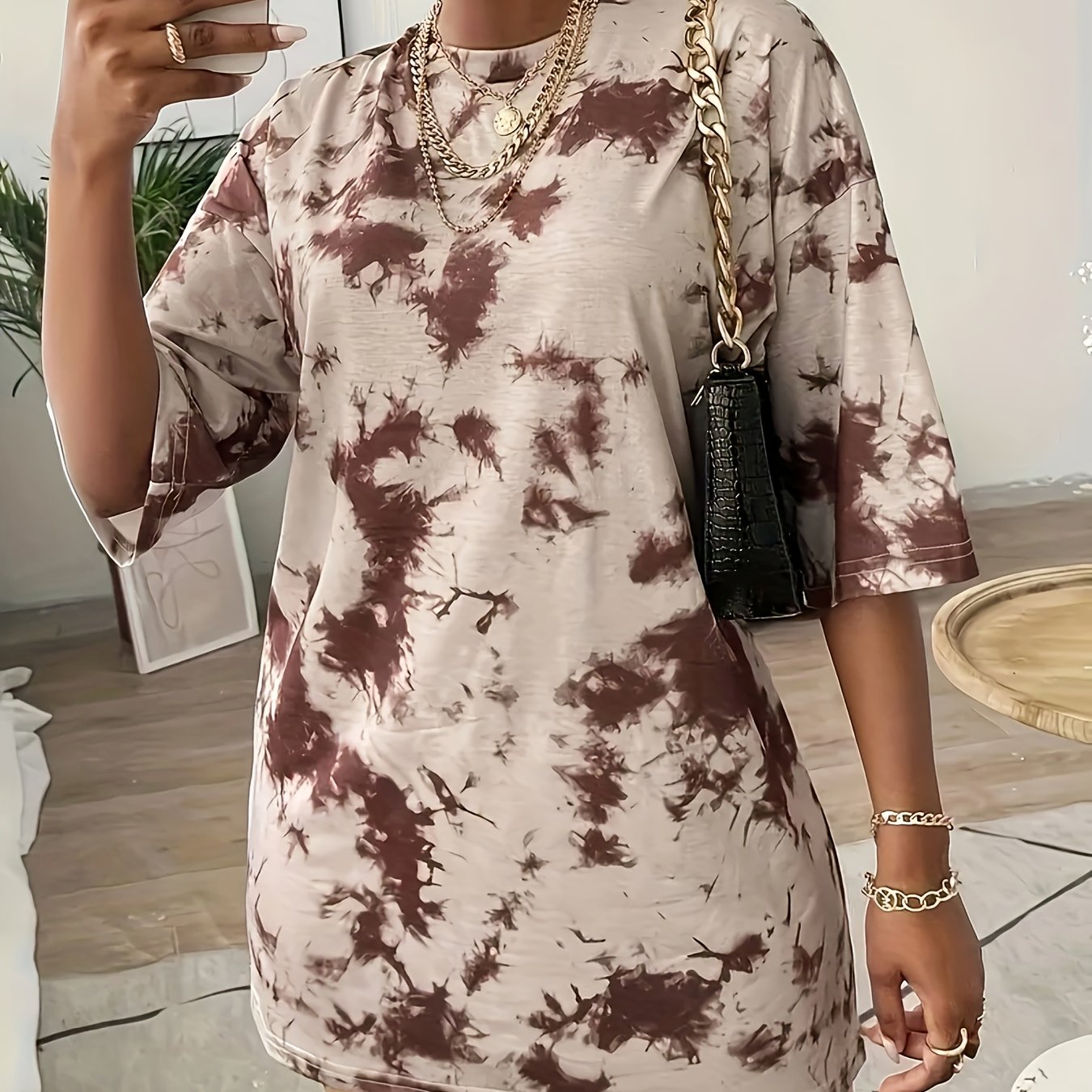 TEMU Women's Casual Tie-dye Drop Shoulder T-shirt Dress - Made From Stretchy Fabric, Featuring A Round Neck, Short Sleeves, And A Brown Tie-dye