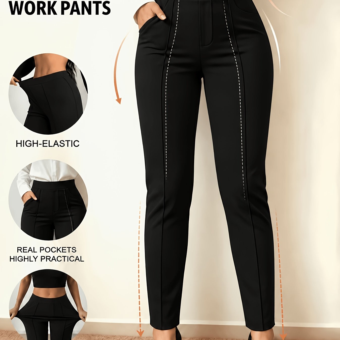 TEMU Plus Size, Plus-size Women's Fashionable Casual Stretchy Comfortable Everyday Basic Long Pants With Pockets, Versatile Slim-fit Stretch Waist