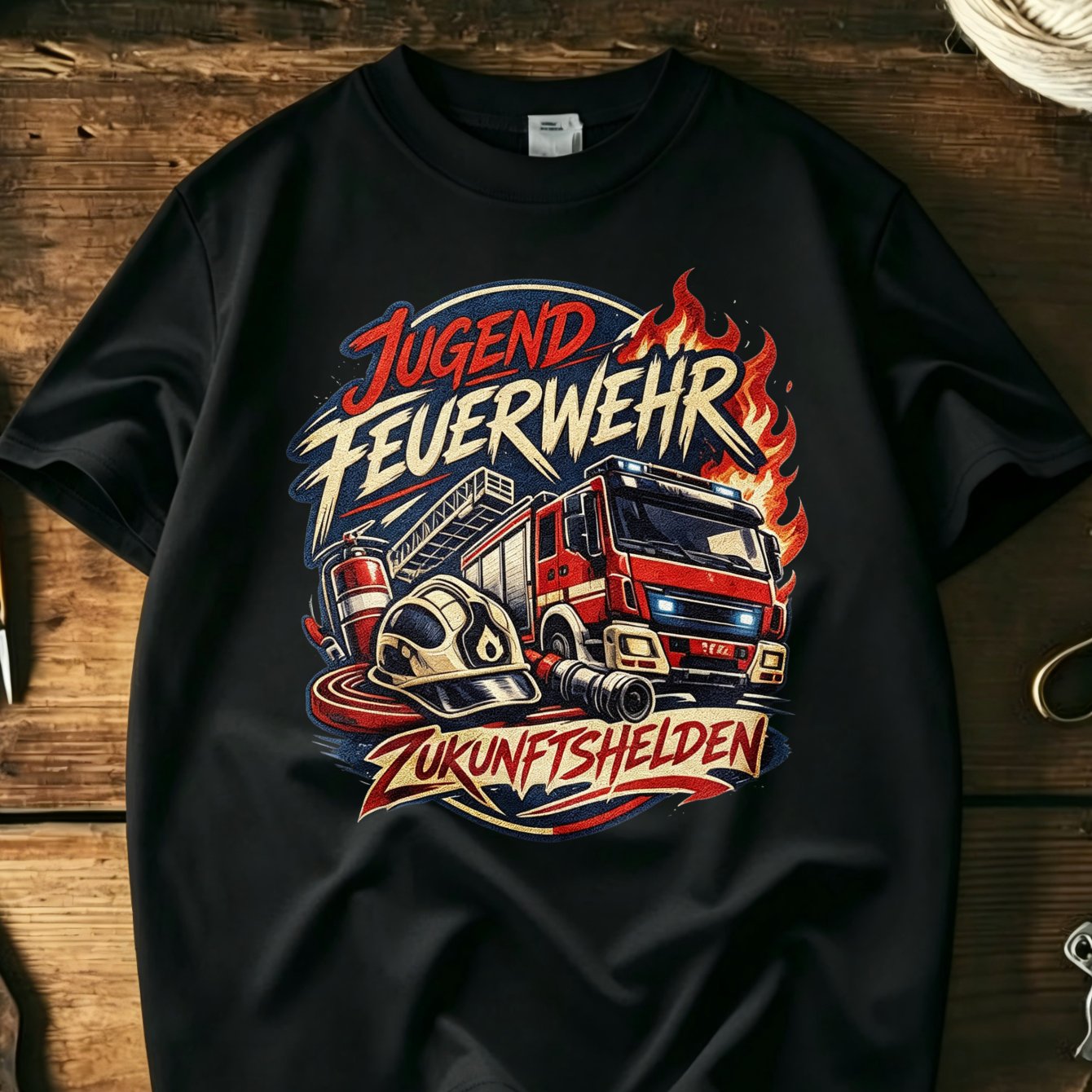 Black Border Circle Jugend Feuerwehr Zukunftshelden Flame Fire Truck Helmet Graphic Trending Vintage Hero Tee Versatile Tee Printed Tee
