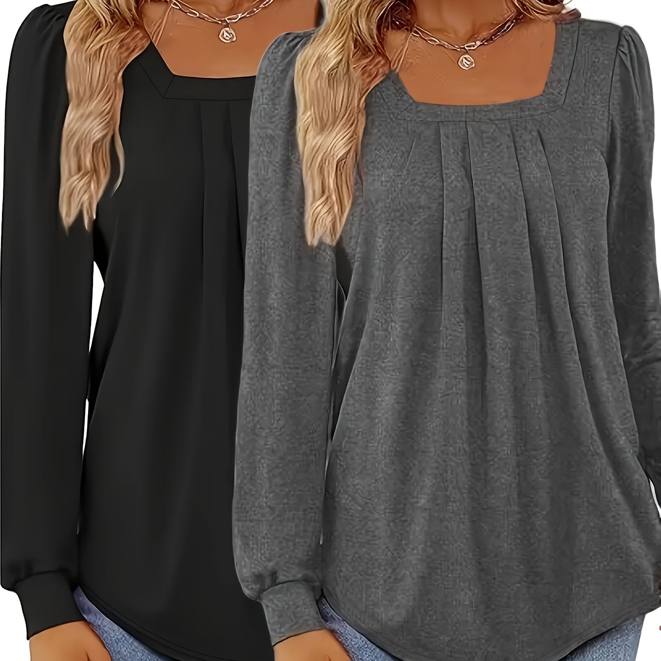 E-shop 2 Stück Frühling/Herbst Neu Einfarbig Plissiertes Quadrat-Ausschnitt Langarm Locker Casual Damen Oberteil T-Shirt, Maschinenwaschbar - Ideal für
