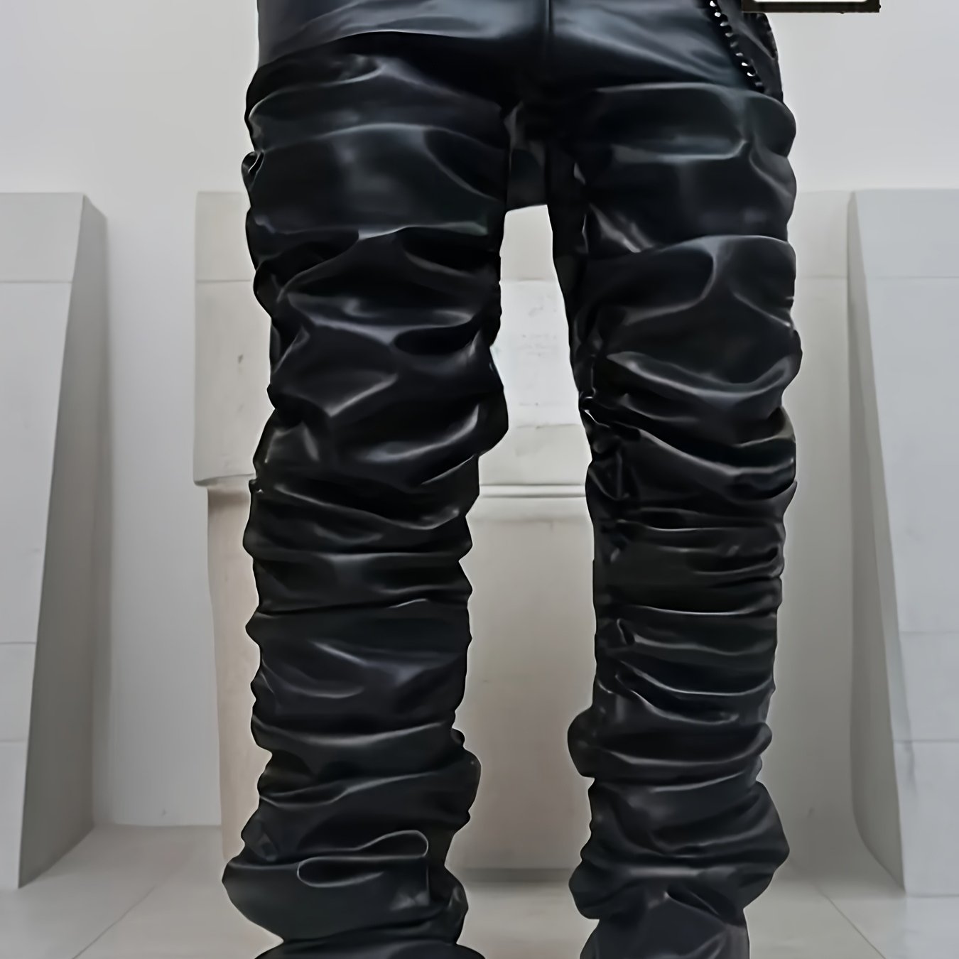 Image of Hem Men Plus Size Black Stacked Pants Ruched Flared Hip Hop Streetwear Trousers, Plus Size