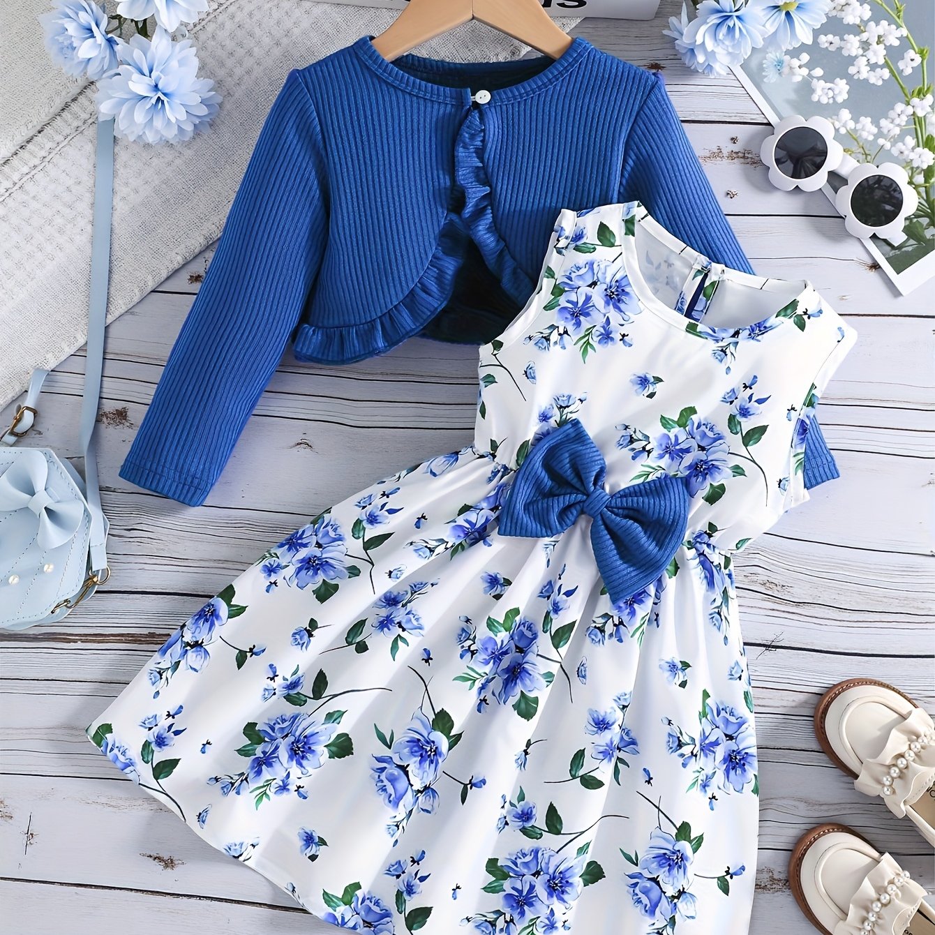 Image of Girls' Spring, Summer, And Autumn Cardigan Jacket And Vest Print Dress 2pcs Set, Back-to- Campus Fashion Outfit