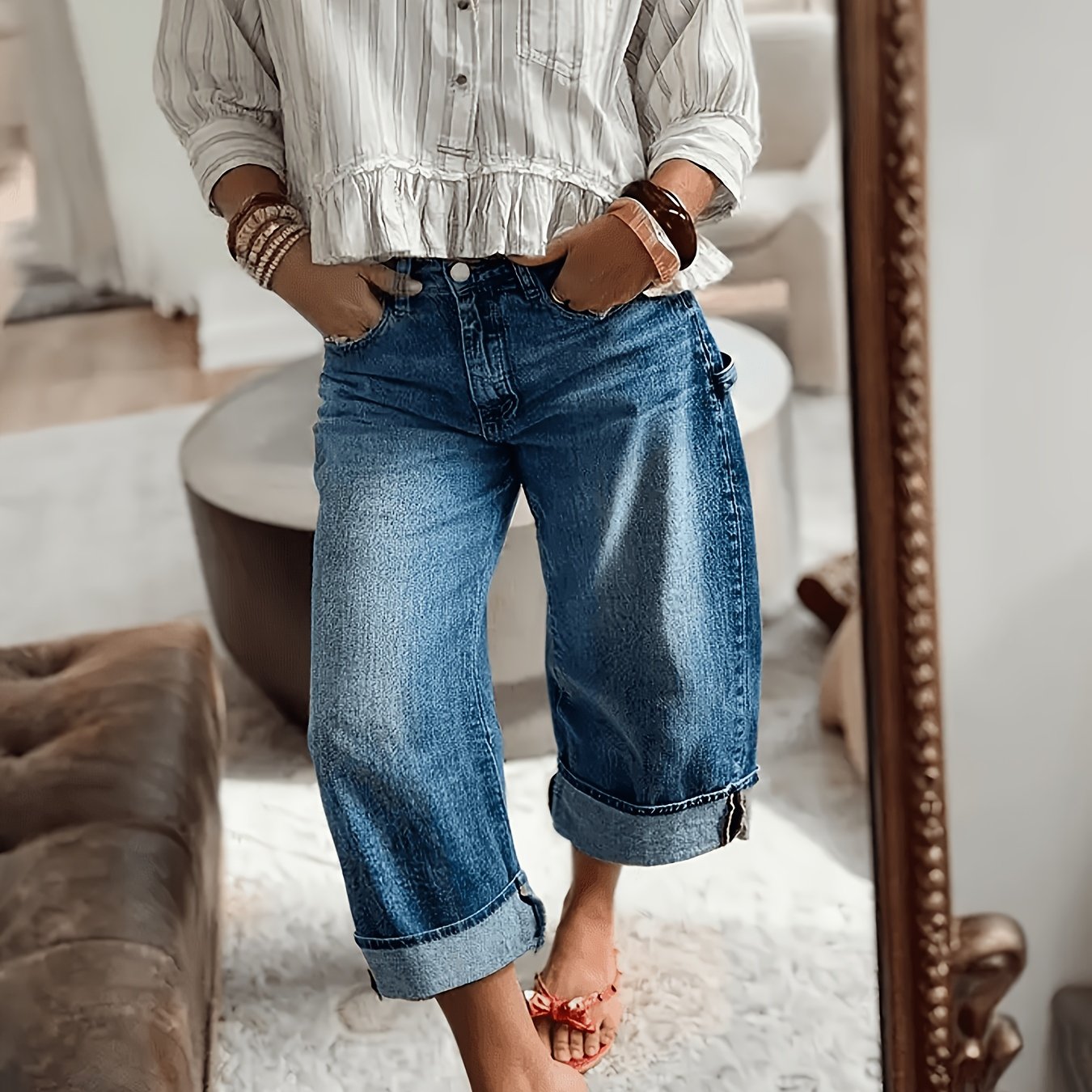 Image of Washed Blue Wide Leg Denim Cropped Pants For Female Workers, With A Wind-driven Side Pocket That Rolled Up To And Casual