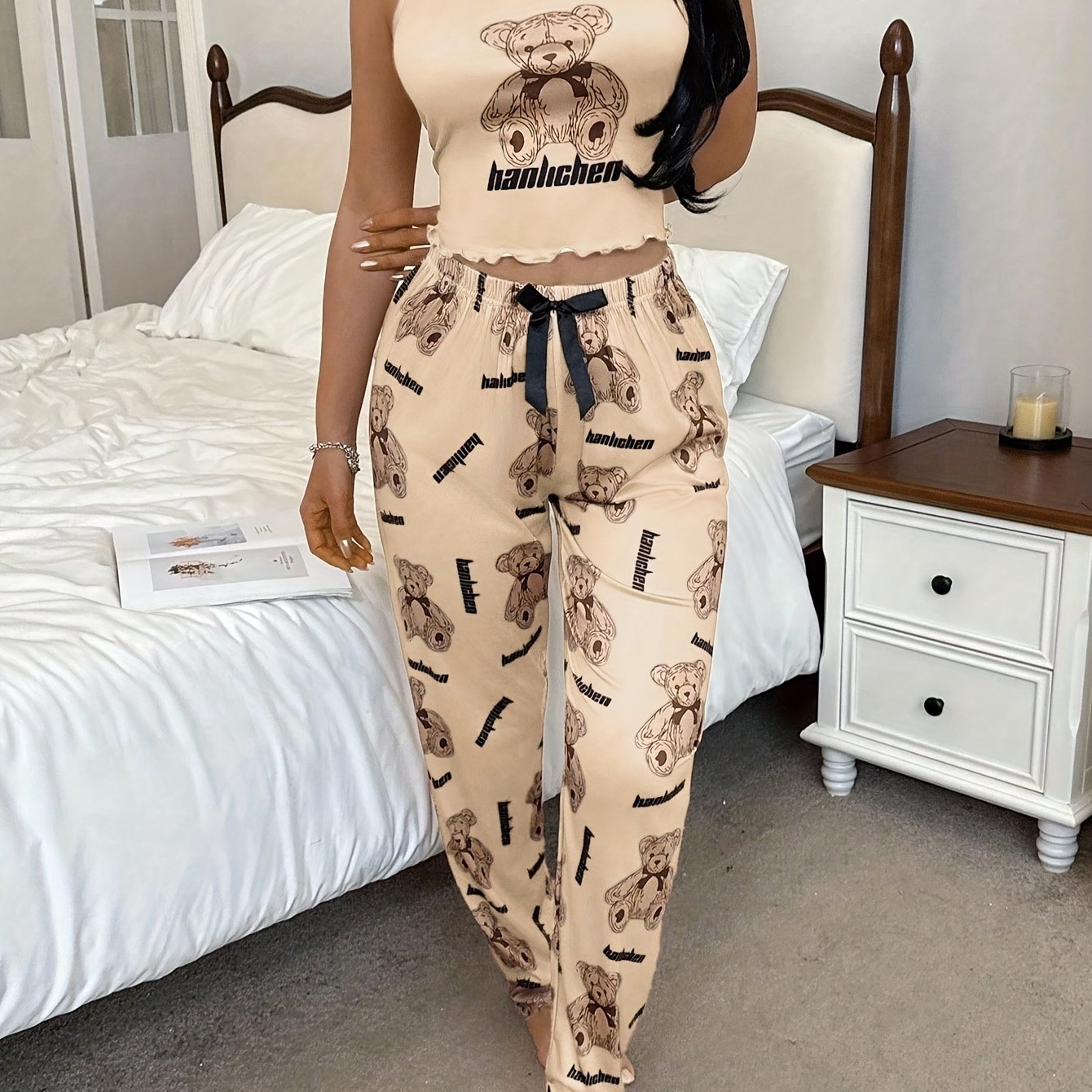 Women's Pajama Set With Bear And Letter Print