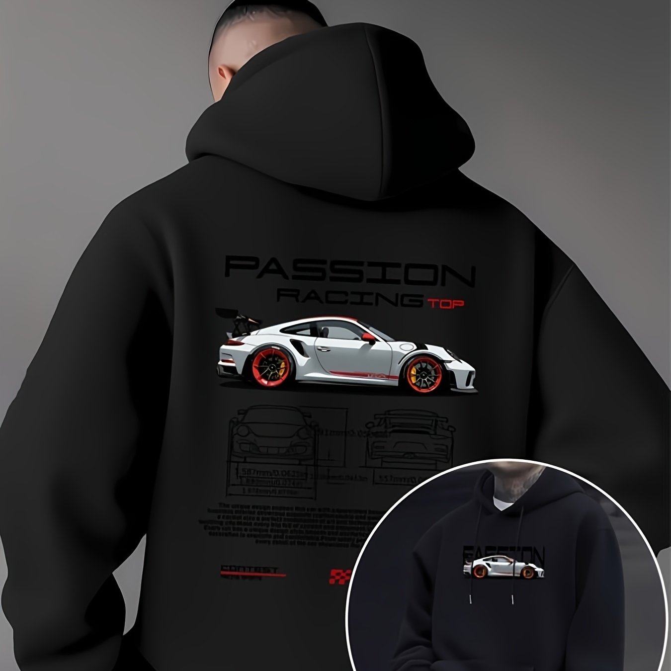 Image of 2026 Plus Size Fashion Men's Hoodie - Printed Racing Top Text, Sports Car And Car Blueprint Design.jpg - Unisex 2026 Couple Sweaters