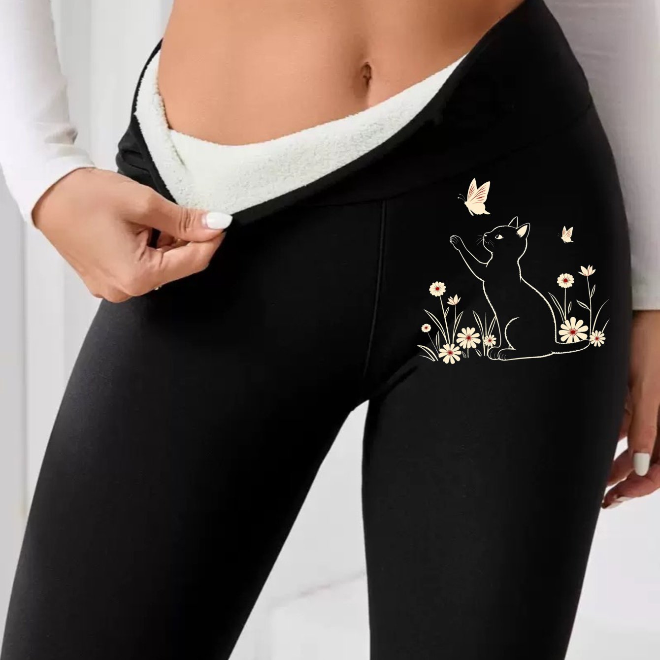 TEMU Leggings estampados para mujer, de tiro y ajuste entallado, con estampado de gato y flores, pantalones de invierno cálidos para yoga