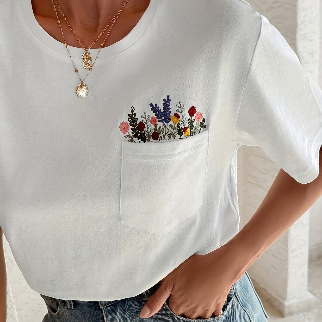 Image of Plus Size, Summer Edition T-shirt With Floral Embroidery, Round Neck, And Pocket Detail