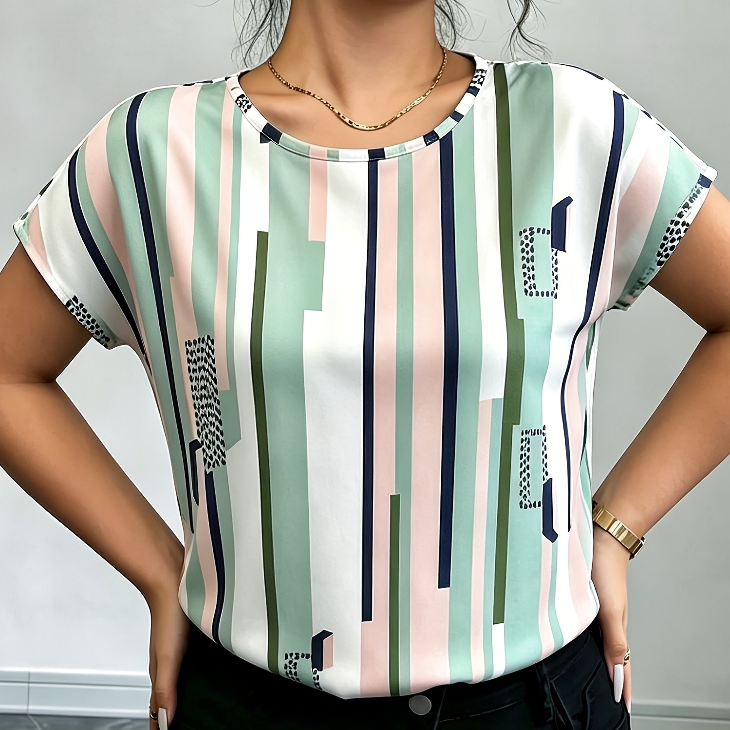 TEMU Women's Casual Geometric Print Elegant Short Sleeve Blouse Shirt