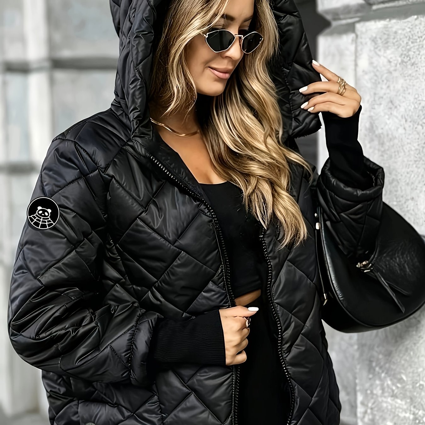 TEMU Veste d'extérieur d'hiver chaude et décontractée pour femme, matelassée à losanges, à capuche, matelassée, courte, , à fermeture éclair