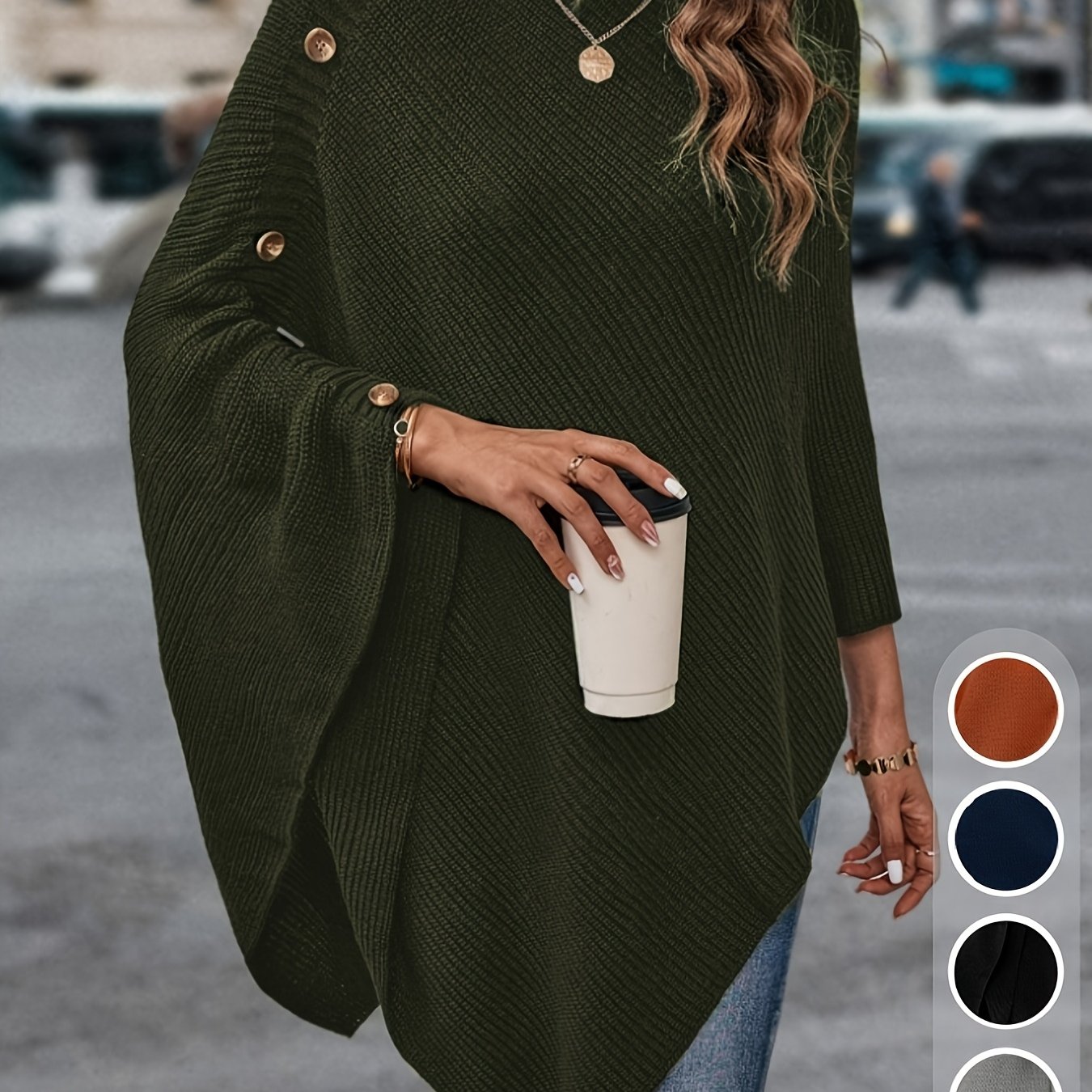 TEMU Élégante cape col manches chauve-souris boutonnée ourlet asymétrique mode femme couleur unie facile automne hiver élastique décontracté pull