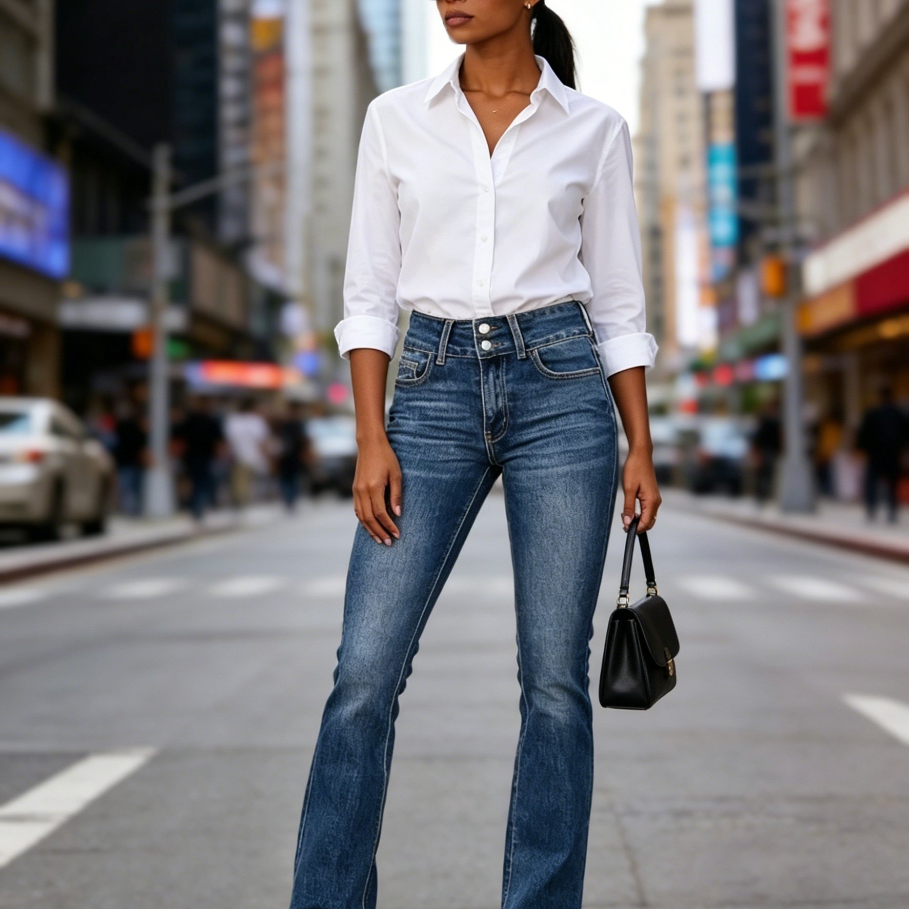 Women's Fashion Wide Waistband Denim Flare Pants
